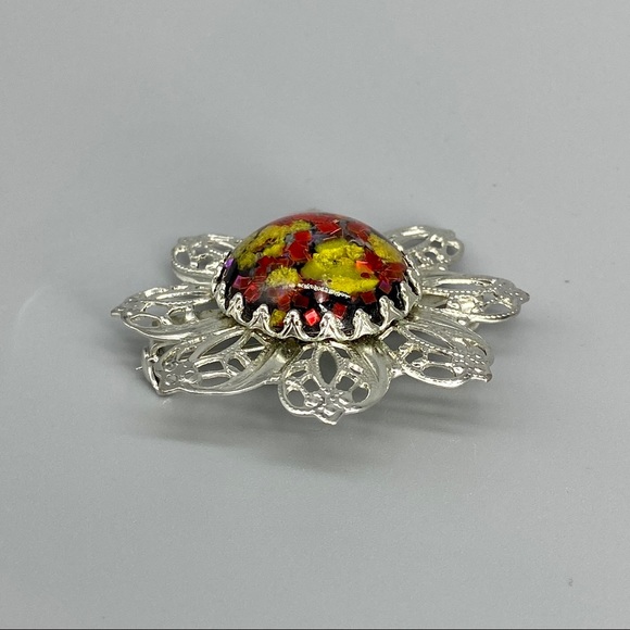 Vintage Faux Opal Silver Filigree Brooch - Picture 9 of 11